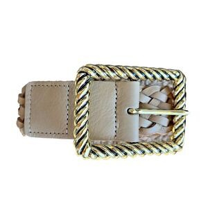 B-LOW THE BELT Taupe/Gold Tone JANELLE Braided Leather Belt Womens Accessory S/M